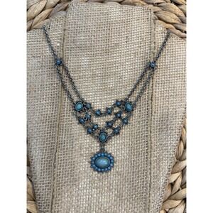NR Nina Ricci Vintage Style Teal Blue Cabochon Bib Necklace Silver Tone